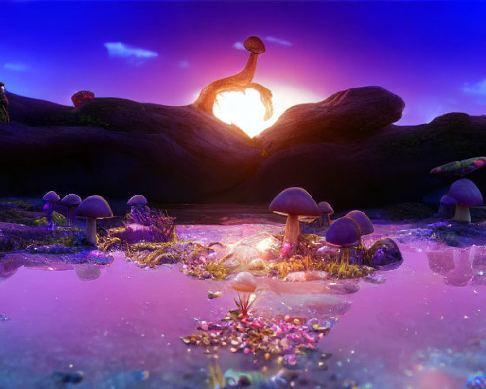 Mystical landscape at dusk with glowing mushrooms, rocks, central sun, and purple sky.