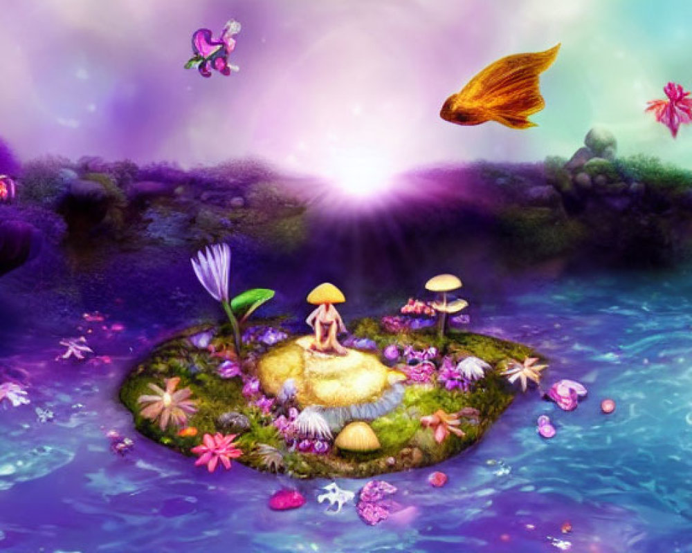 Colorful Fantasy Landscape with Mushroom House, Flora, Butterflies, and Luminous Pond