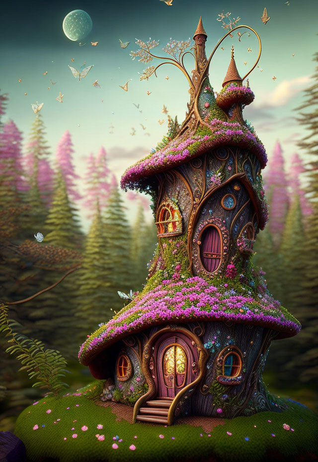 Vibrant flowers and butterflies in fantasy treehouse forest scene