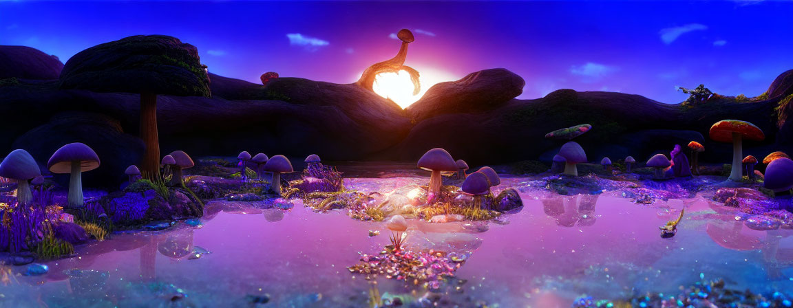 Mystical landscape at dusk with glowing mushrooms, rocks, central sun, and purple sky.