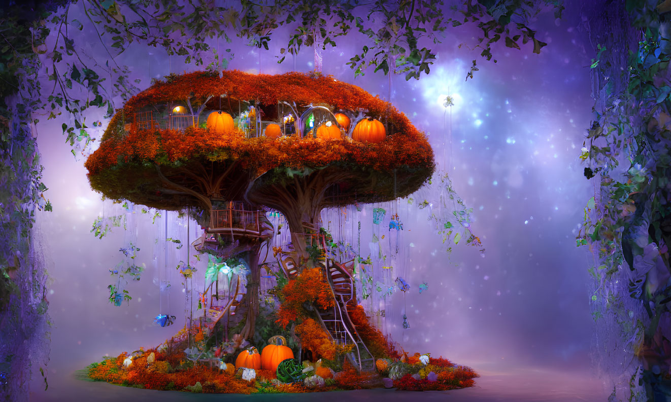 Enchanting treehouse with red-leafed canopy, pumpkins, lanterns in forest under