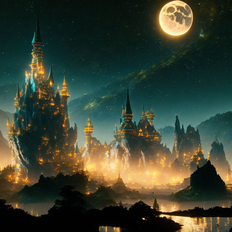 Fantastical night landscape with illuminated castles, moon, comet-streaked sky, and serene