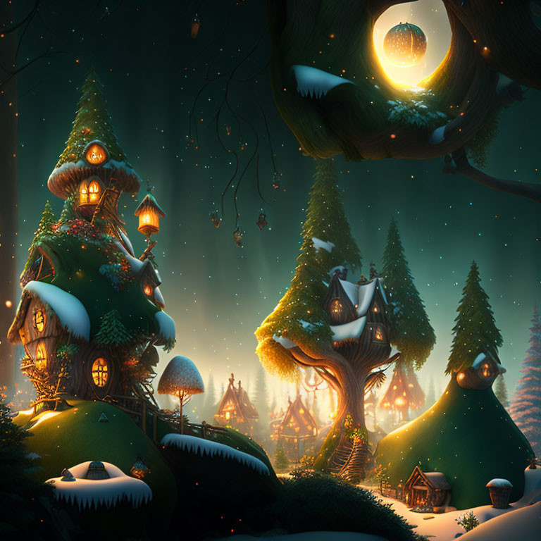 Whimsical mushroom-shaped houses in snowy forest with full moon