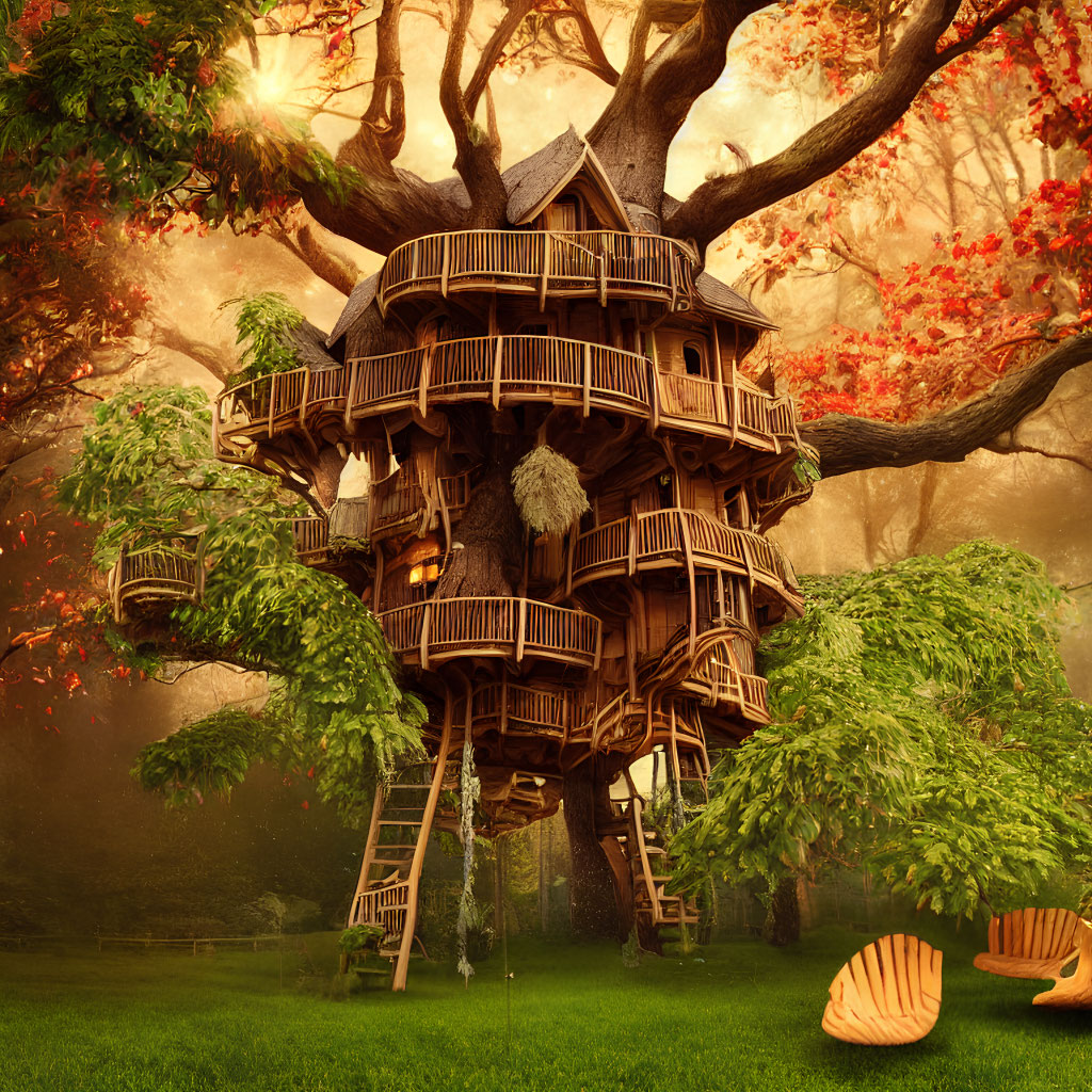Whimsical multi-level treehouse in lush autumn forest
