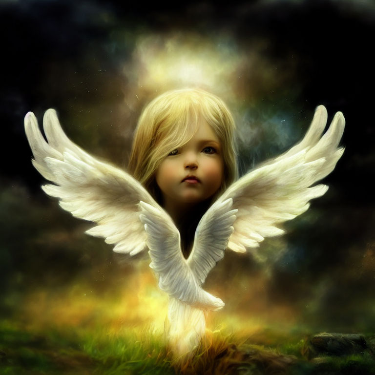 Child with Angel Wings in Celestial Setting and Ethereal Glow