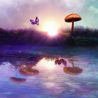 Colorful Fantasy Landscape with Mushroom House, Flora, Butterflies, and Luminous Pond