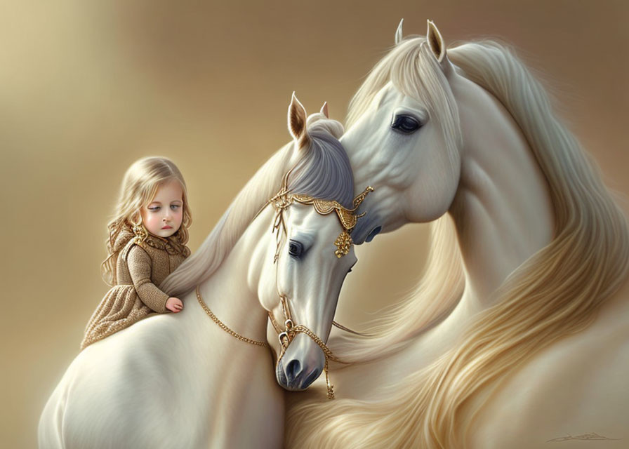 Pretty white colored horses and cute little girl