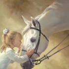 Blonde girl in brown dress embraces white horse with golden bridle