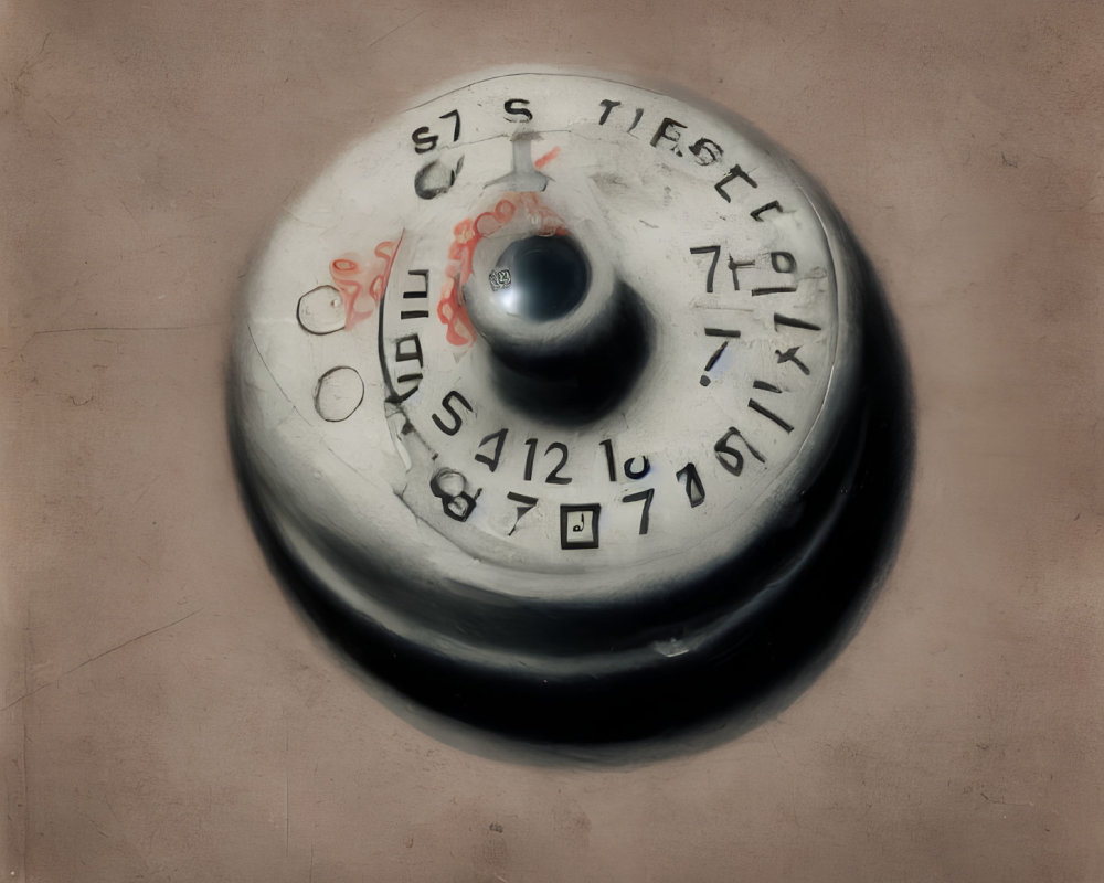 Close-up of vintage rotary phone dial with numbers and letters on beige background