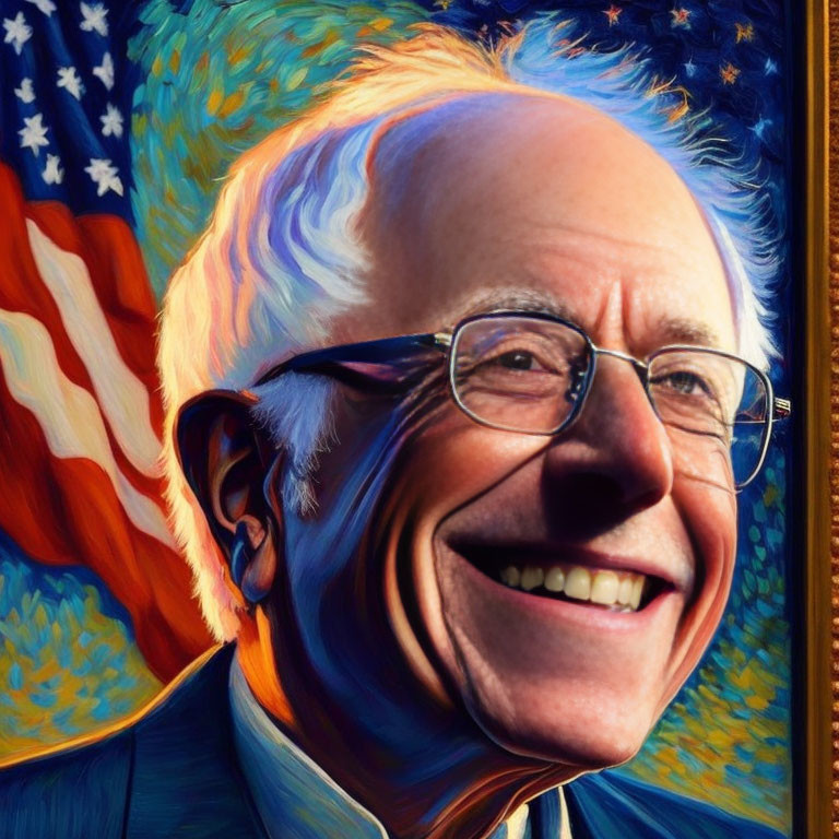 Smiling elderly man with glasses against American flag backdrop