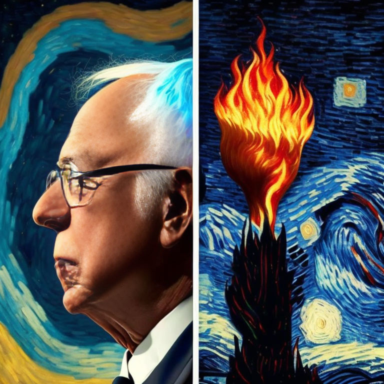 Split-image: White-haired man with glasses & Van Gogh-style portrait next to vibrant matchstick flame