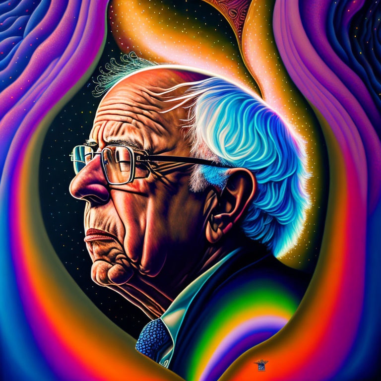 Elderly man with glasses and white hair surrounded by vibrant, psychedelic swirls.