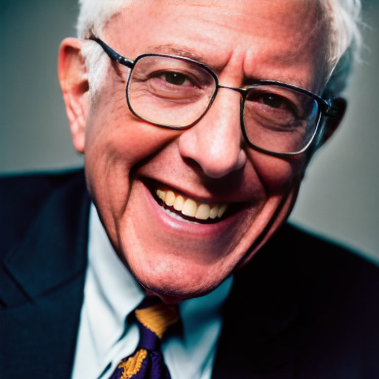 Smiling elderly man with white hair, round glasses, dark suit & patterned tie