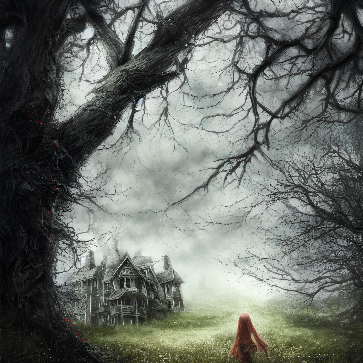 Red-haired person near eerie Gothic house in foggy landscape.