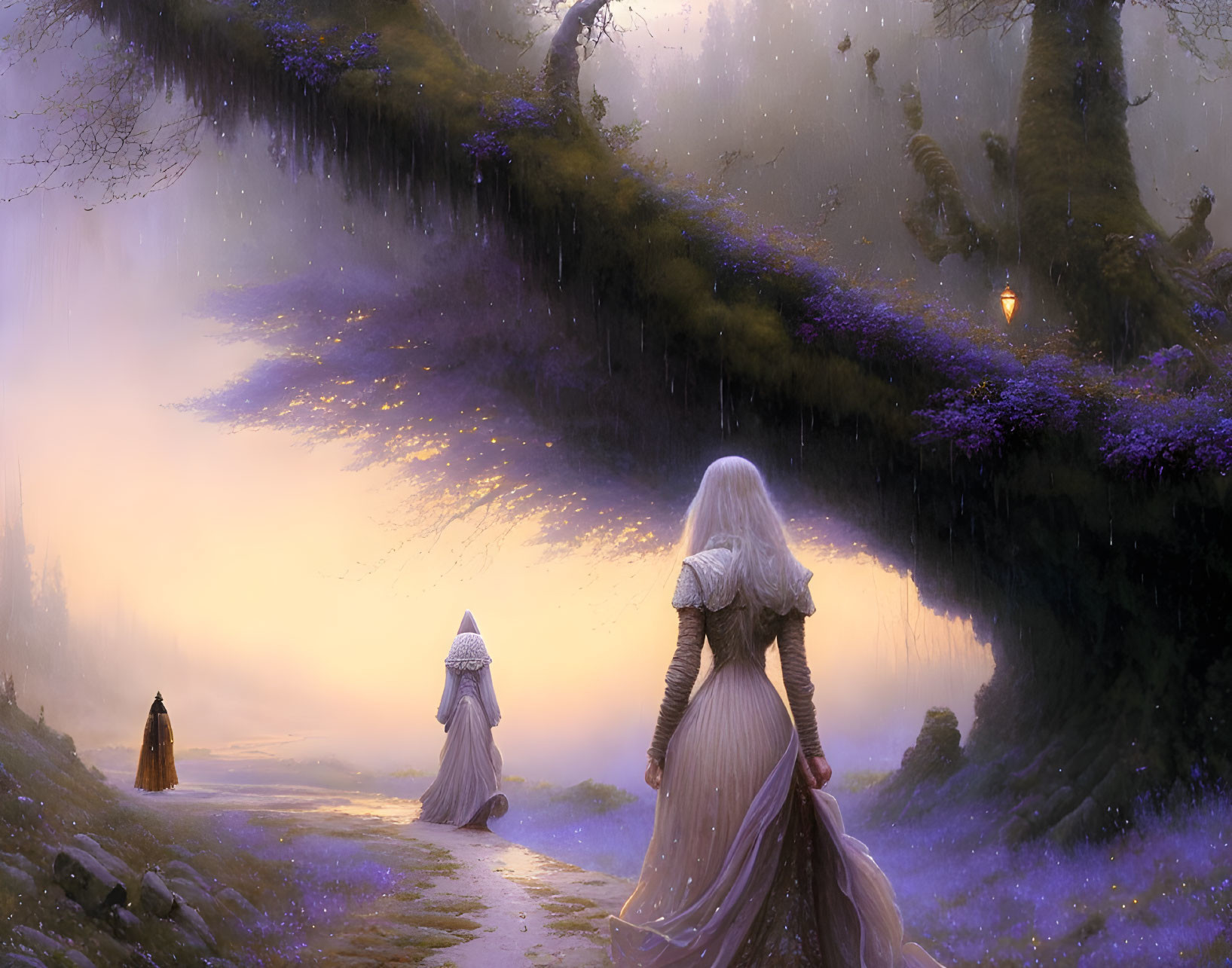 Three individuals in fantasy clothing explore mystical forest with purple foliage and hanging lanterns