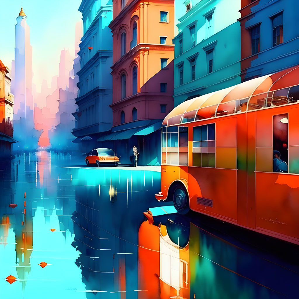 Colorful street scene with retro orange bus and classic car reflected on wet surface