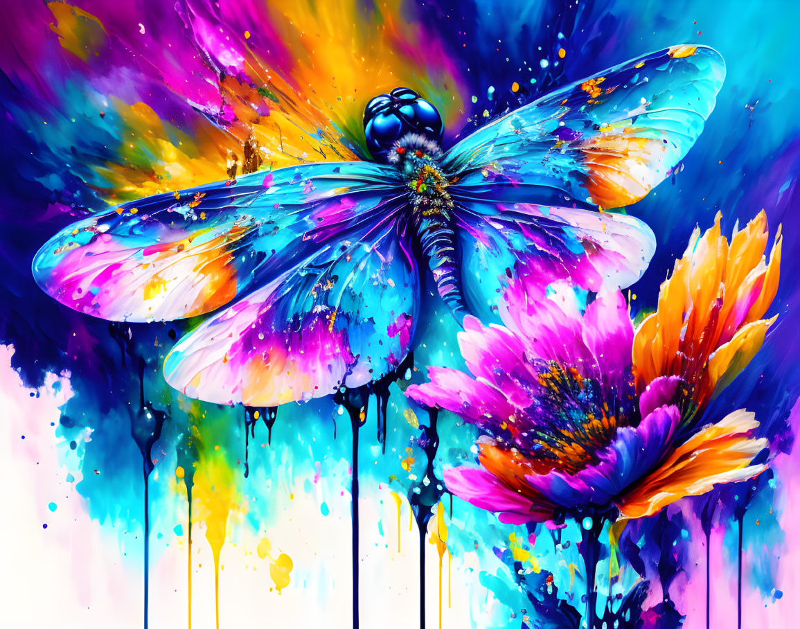 Colorful digital artwork: Blue dragonfly on vibrant flowers with cosmic backdrop