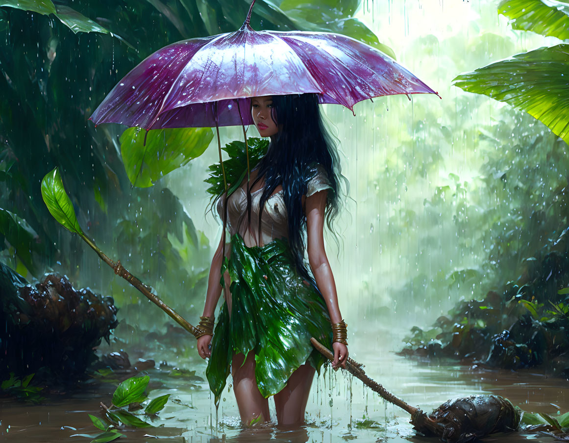 Woman in leafy dress under rain-soaked purple umbrella in lush green jungle