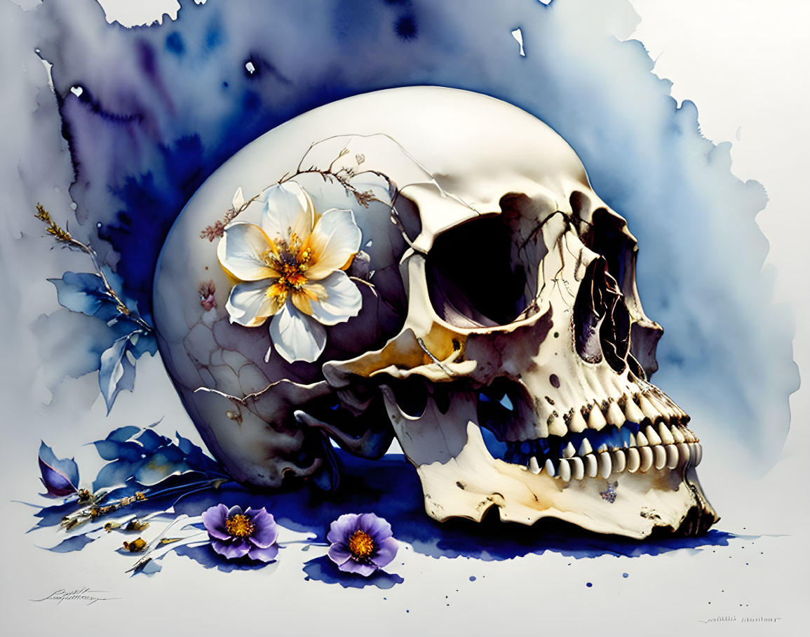 Skull and flowers watercolor painting with vibrant colors