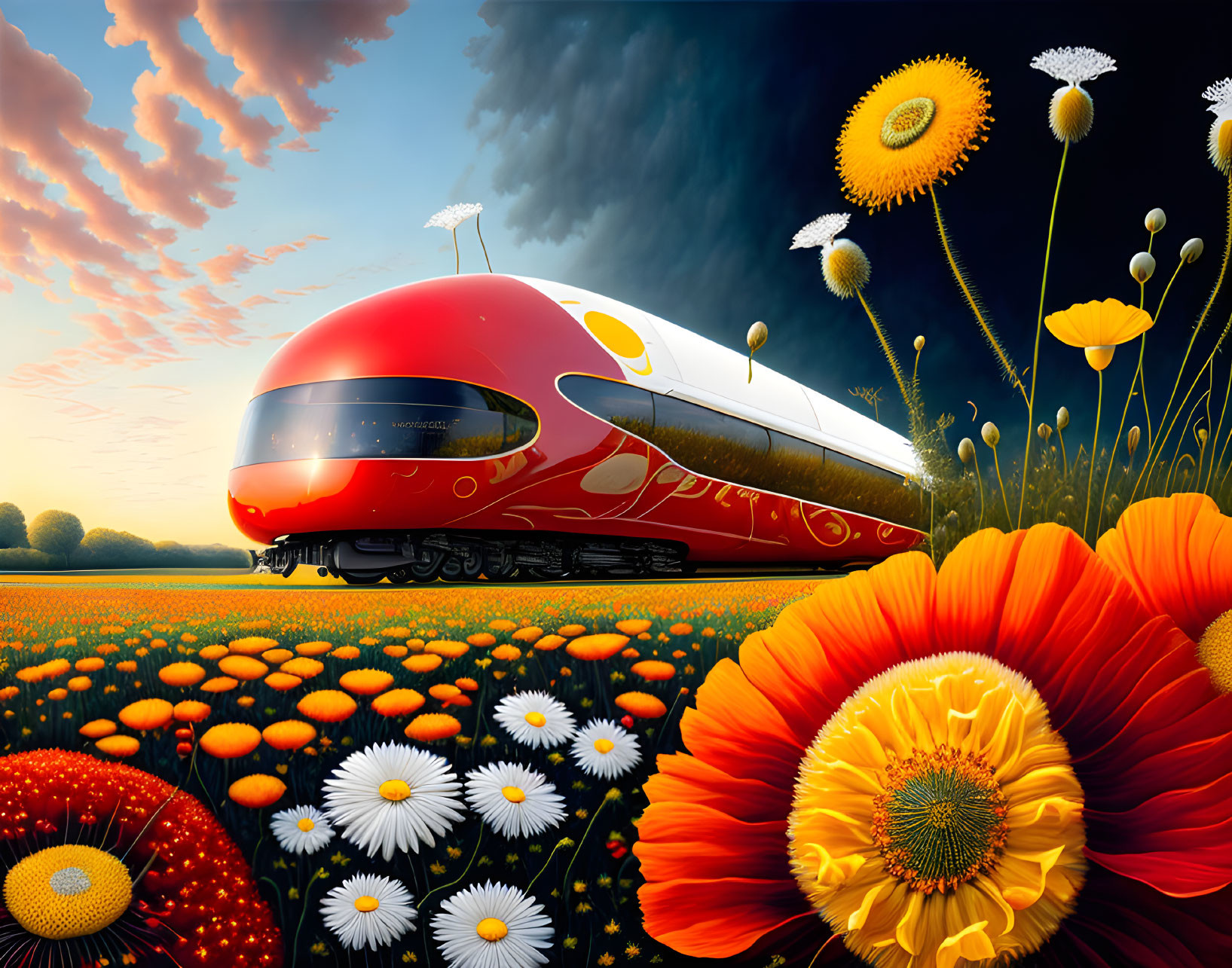 Red futuristic train in vibrant flower field under dramatic sky