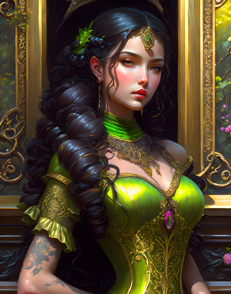 Elaborately adorned woman in green dress with gilded mirror and floral details