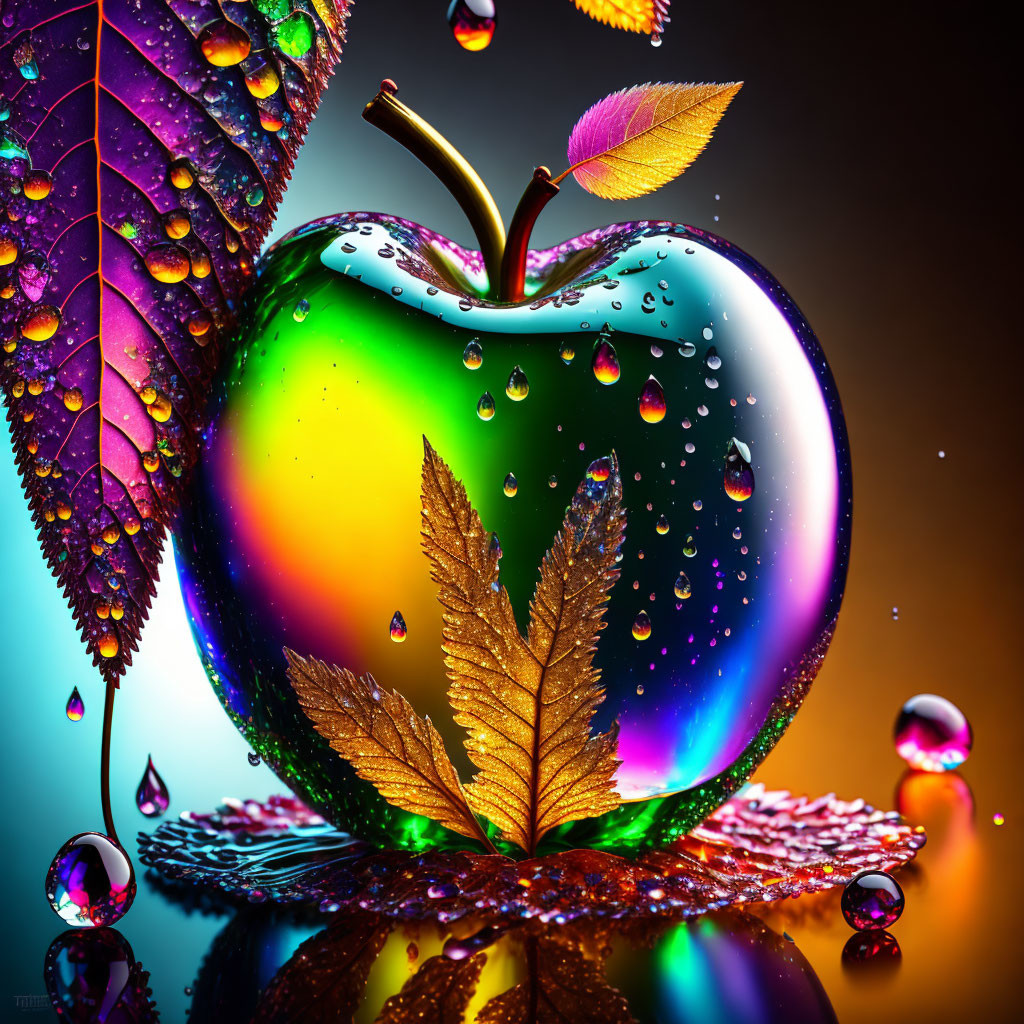 Colorful apple with water droplets and leaves on gradient background