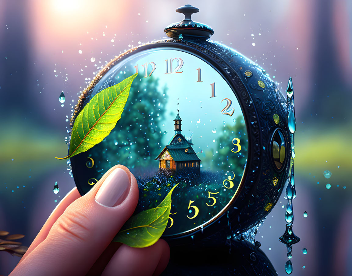 Hand holding pocket watch with leaf and tranquil scene of house at twilight or dawn with water droplets