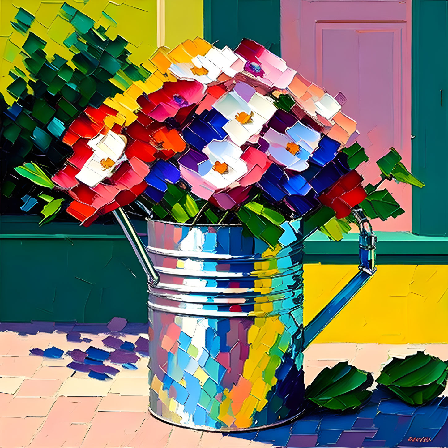 Colorful Cubist-style Painting: Flowers in Silver Watering Can on Yellow and Green Background