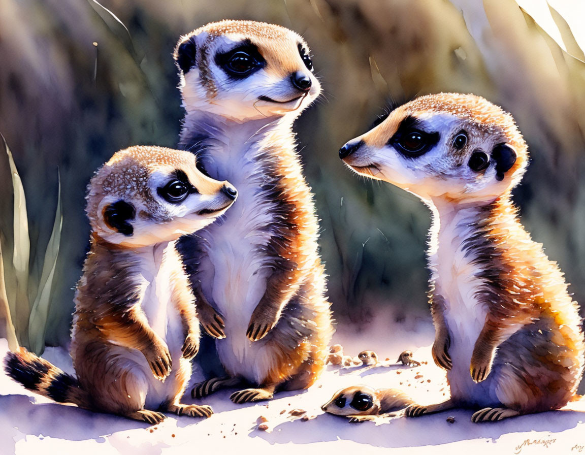 Meerkats on alert in natural habitat with sunlight.