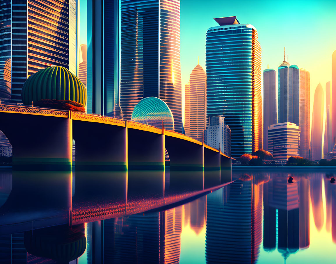 Futuristic skyline with modern bridge over reflective water at sunset