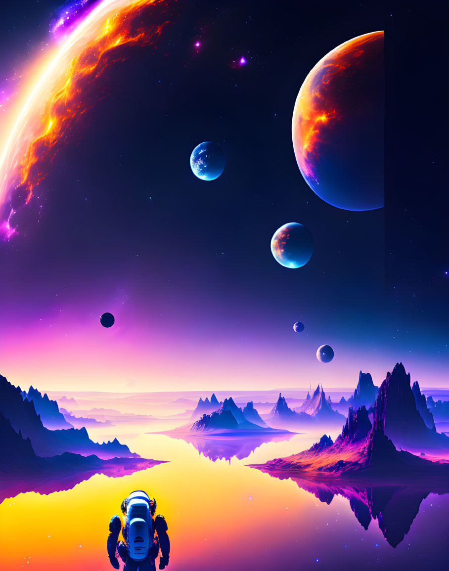 Colorful cosmic scene with astronaut, planets, and mountains.
