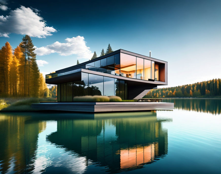 Geometric Glass House by Tranquil Lake in Autumn
