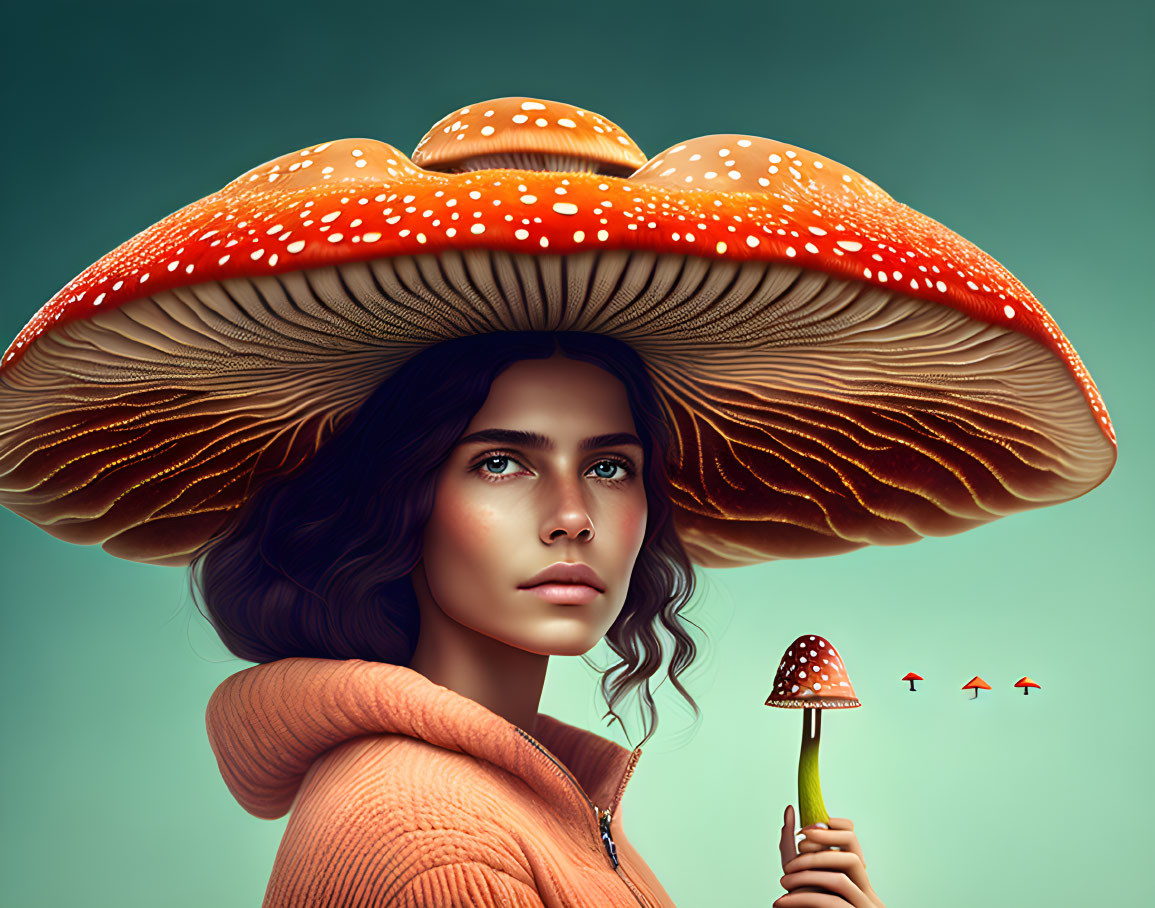 Illustration of woman with giant mushroom hat and birds in background
