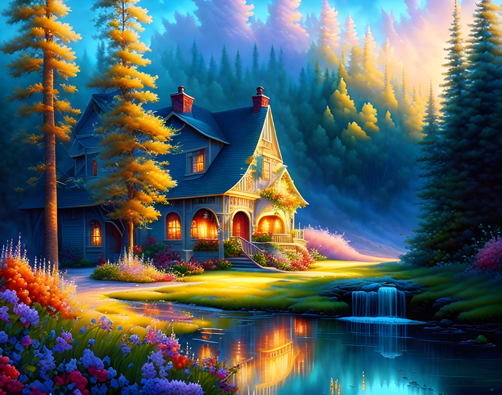Twilight scene of house surrounded by trees, flowers, waterfall, and pond