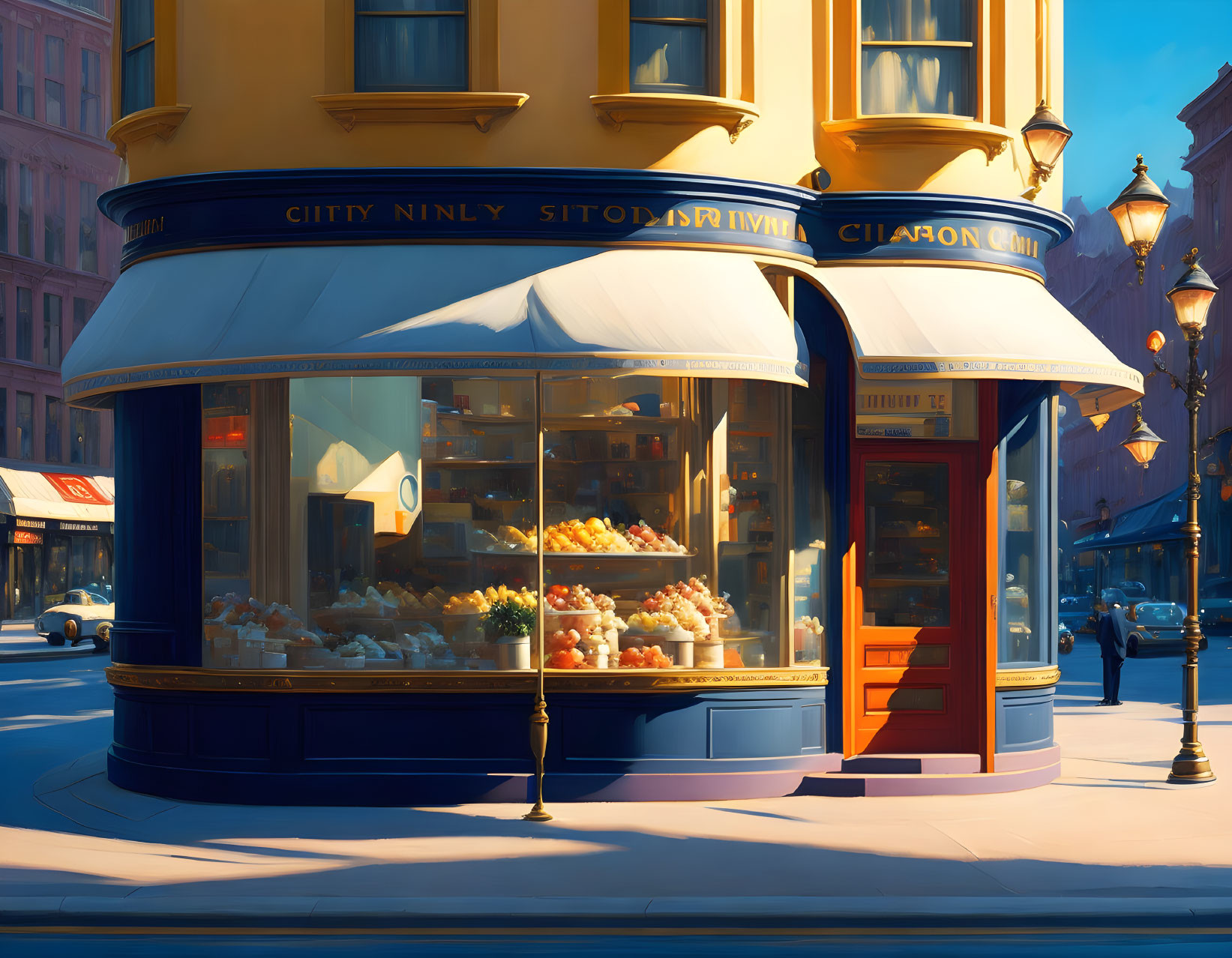 Cozy bakery with blue and yellow facade and bread-filled windows