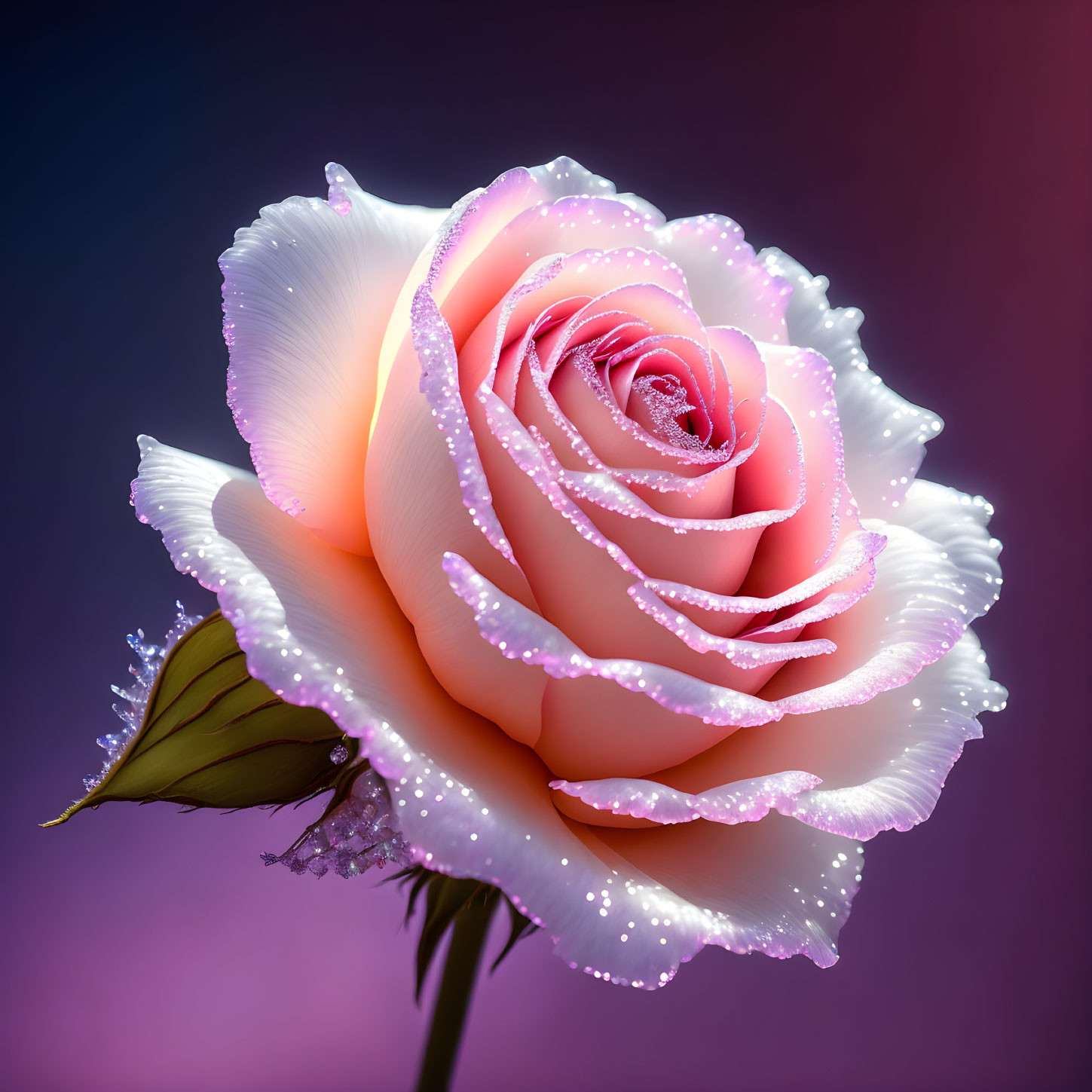 Dew-covered pink rose on purple gradient background