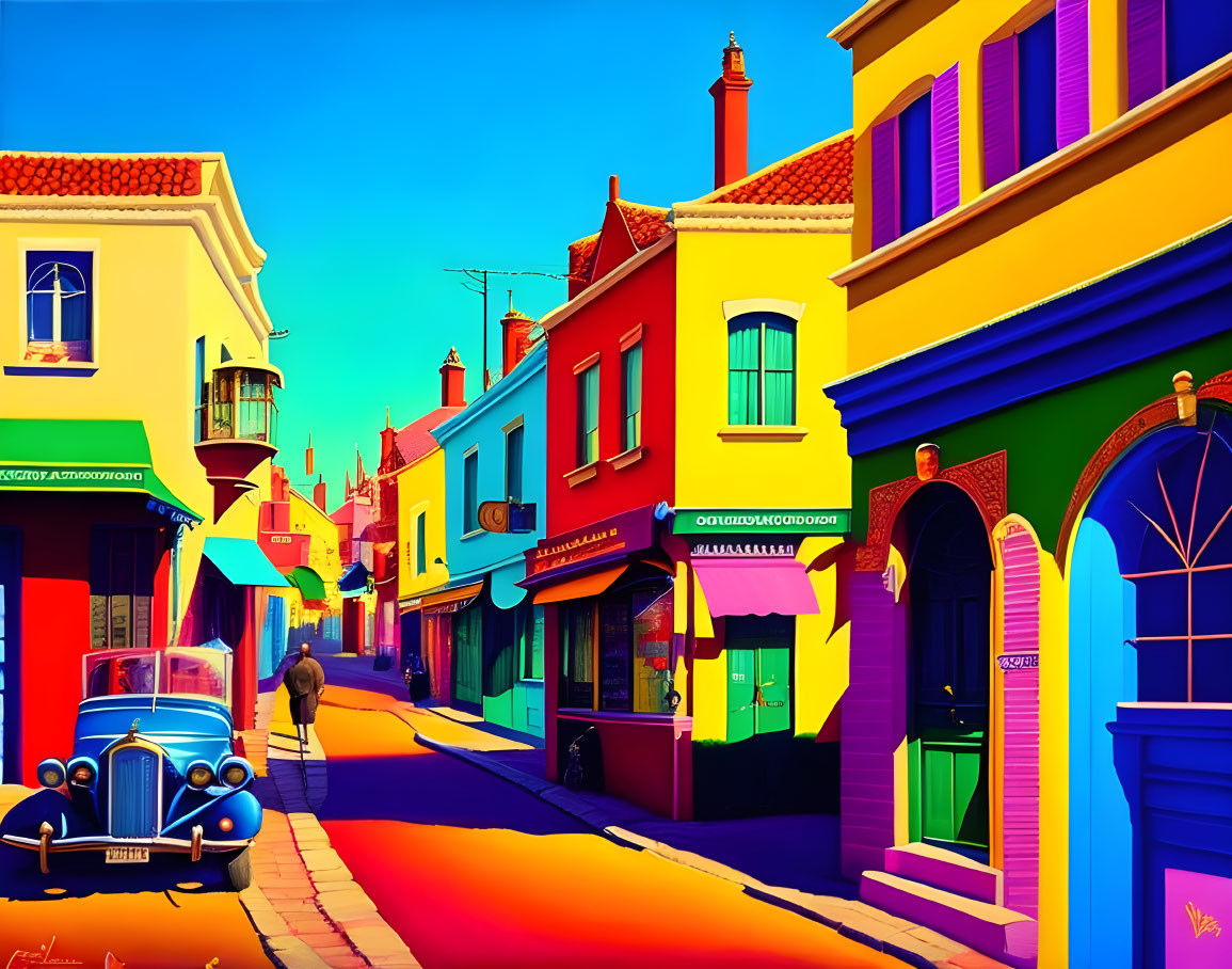 Colorful Street Scene with Vintage Car and Blue Sky Illustration