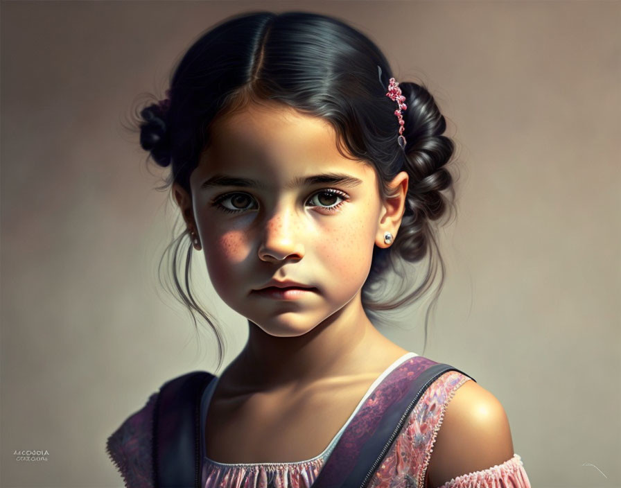 Detailed digital artwork of young girl with green eyes and pink dress
