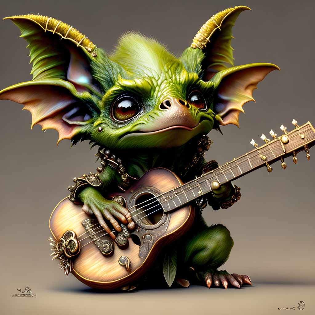Whimsical creature with large ears and eyes holding a mandolin in realistic digital art style