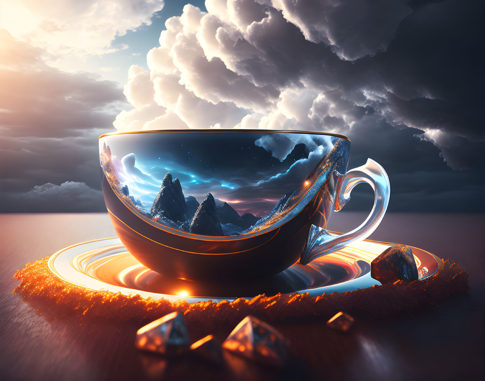 Surreal coffee cup with cosmic landscape and dramatic clouds