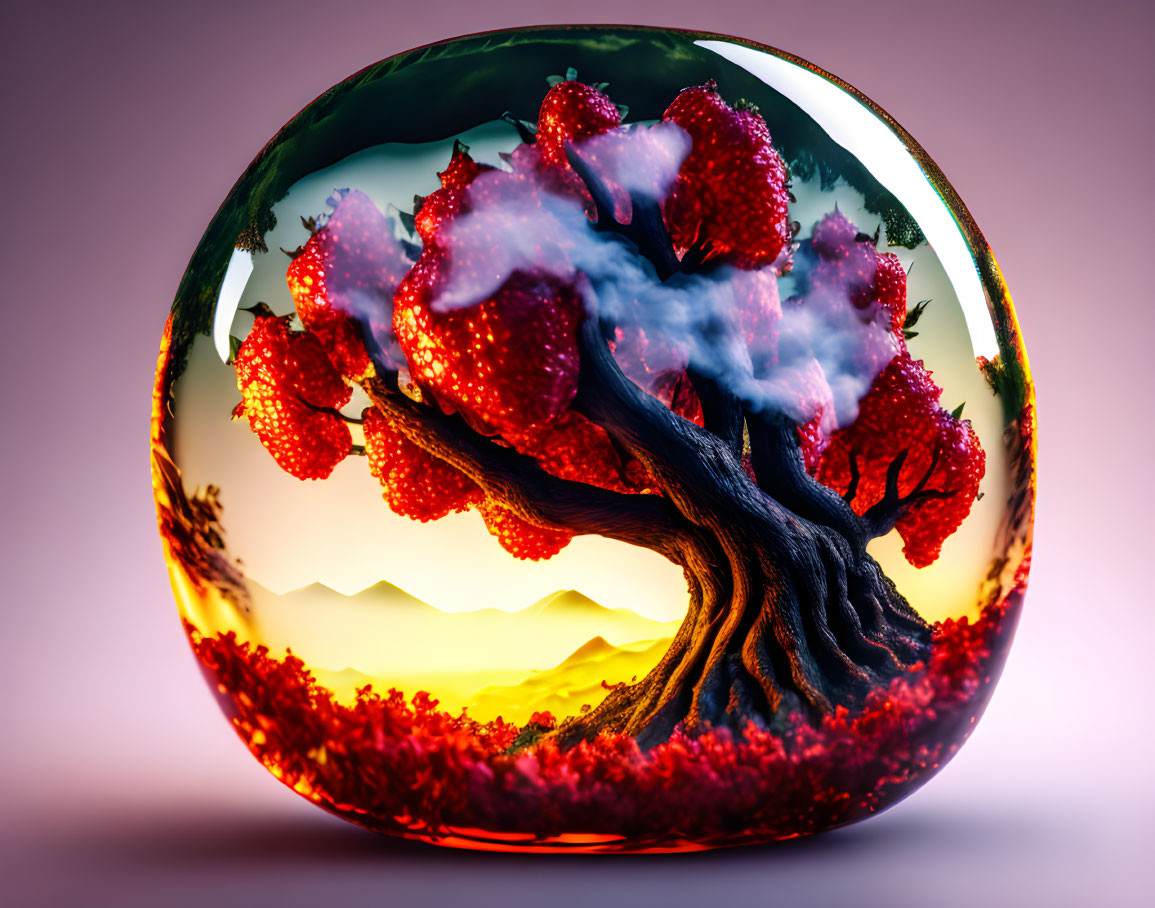 Surreal image of tree with strawberry foliage in glass orb against mountain backdrop