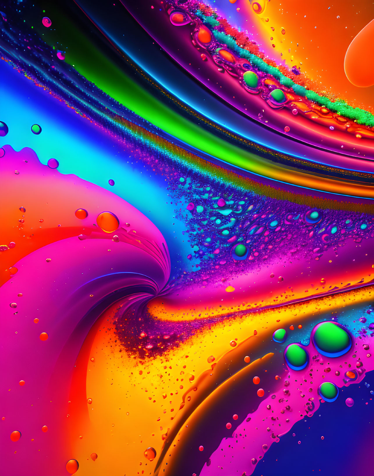 Colorful Abstract Art: Swirling Rainbow Patterns with Water Droplets