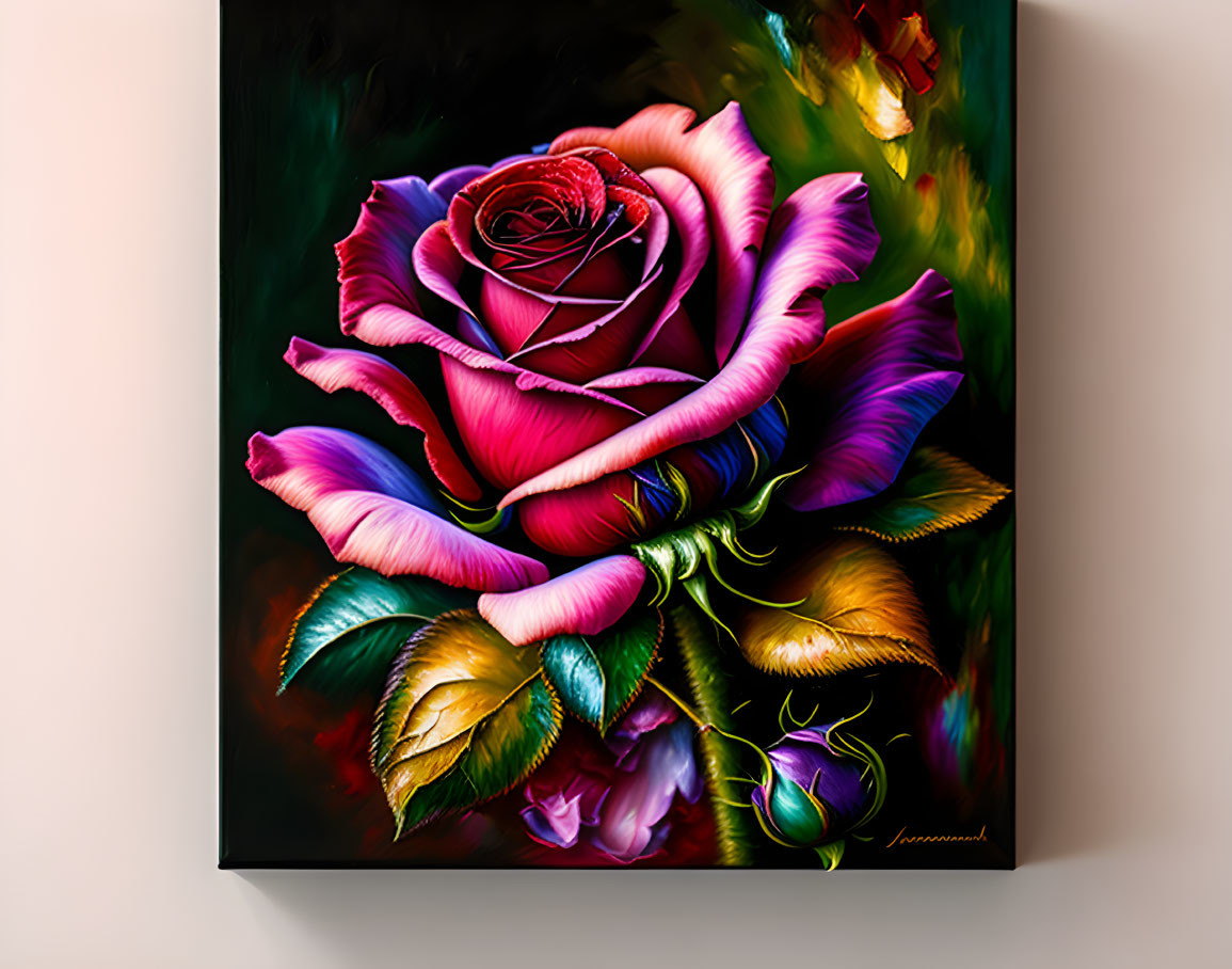 Colorful Rose Painting with Pink, Purple, and Red Shades on Wall