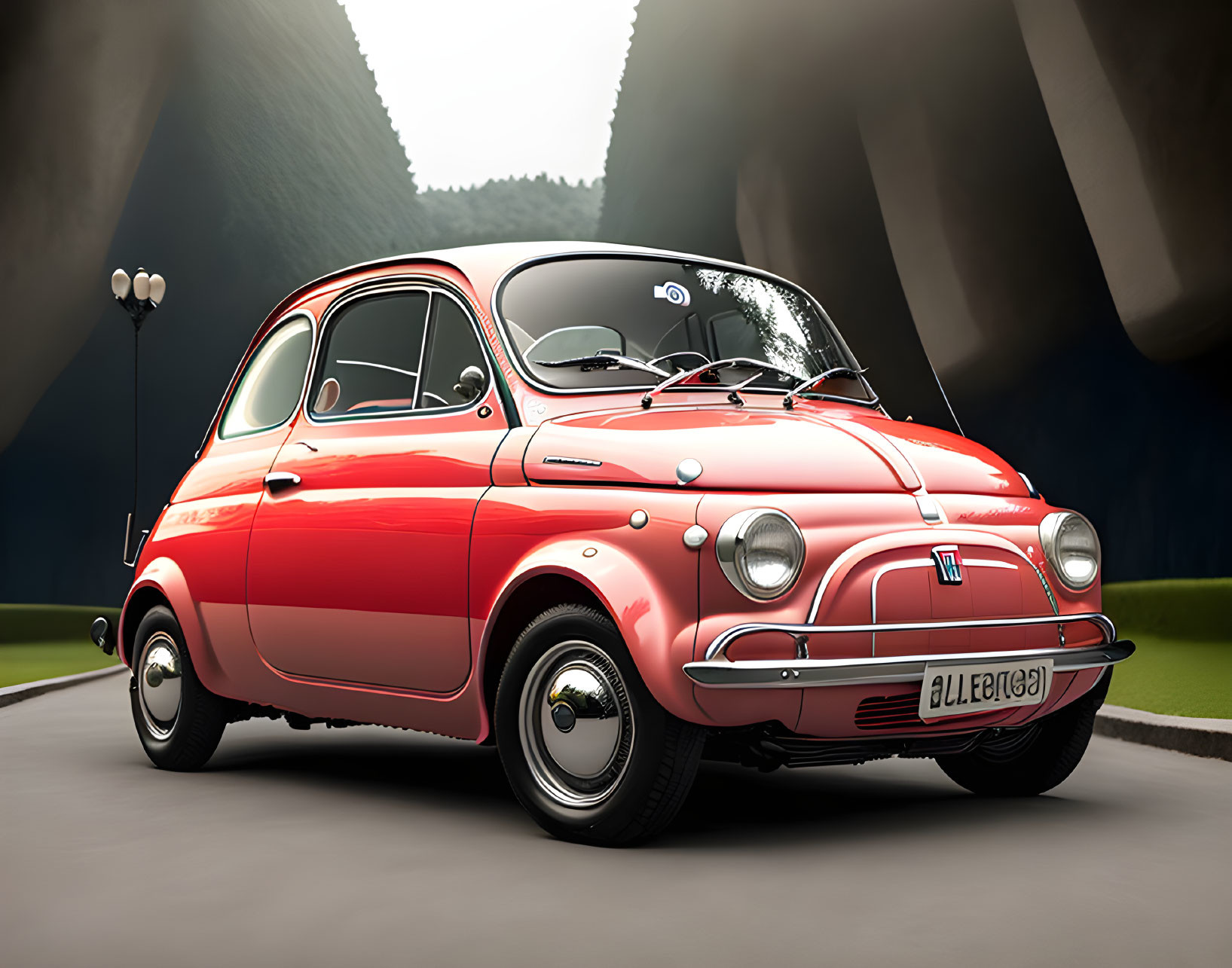 Vintage Fiat 500 with open sunroof and white sidewall tires on minimalist backdrop