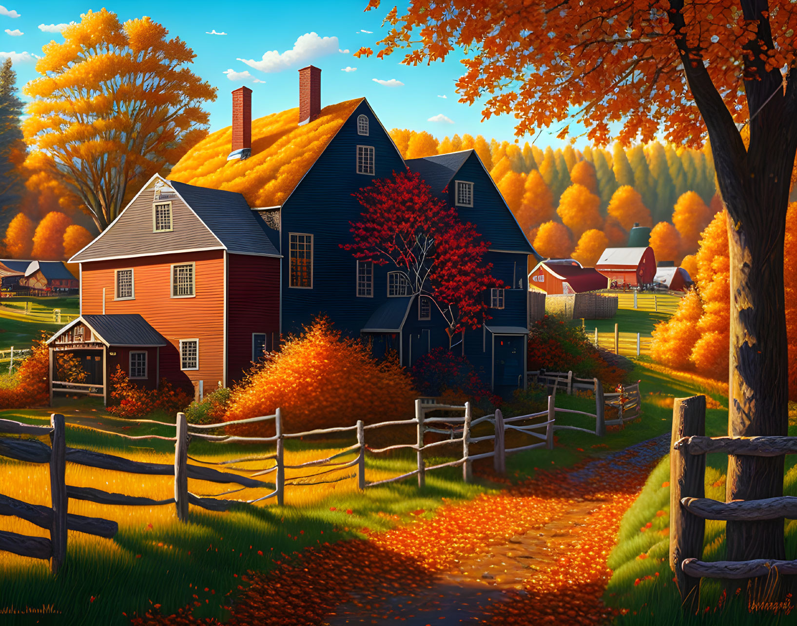 Traditional houses in vibrant autumn landscape.