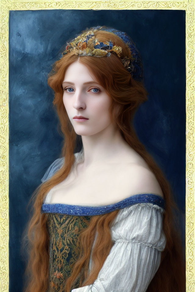 Red-haired woman in medieval dress with blue and gold headpiece on ornate blue background