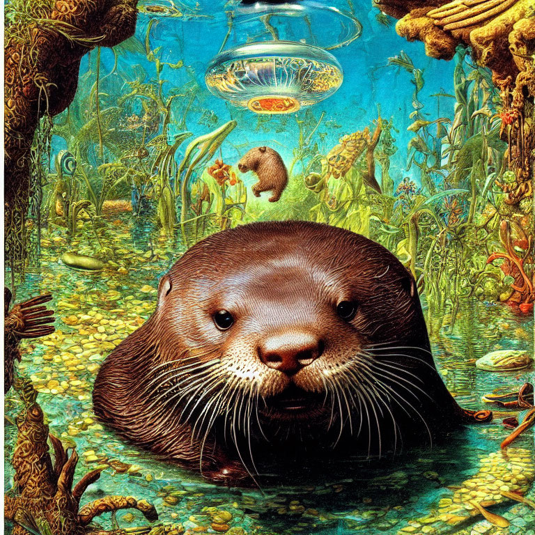 Detailed Underwater Scene with Otter, Fish, Plants, and Squirrel
