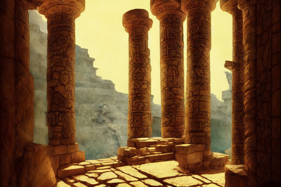 Ancient ruins with ornate pillars and sunlight filtering through rocky terrain.