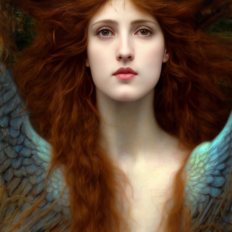 Portrait of woman with red hair, fair skin, and blue wings