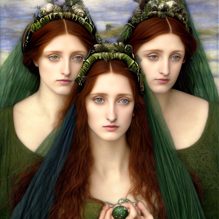 Three women with red hair, green veils, ornate crowns against blue backdrop